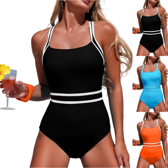 One Piece Swimsuit Women Tummy Control Modest Slim Color Block Bathing Suits High Cut Full Coverage Swimwear Saffron M