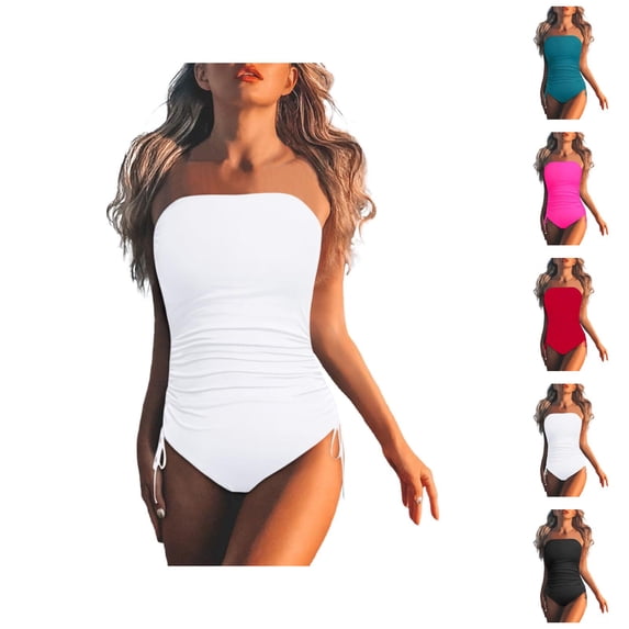 One Piece Swimsuit Women Tummy Control Ruched Strapless Bandeau Bathing Suits Swimwear
