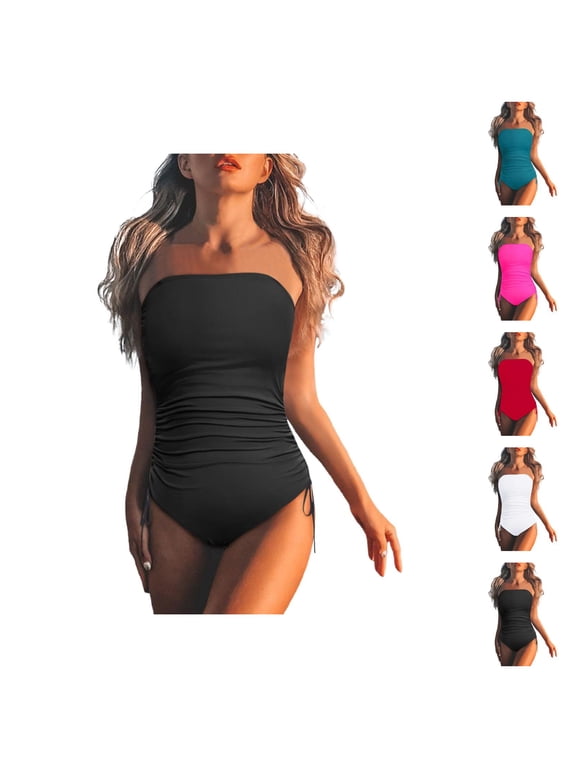 One Piece Swimsuit Women Tummy Control Ruched Strapless Bandeau Bathing Suits Swimwear