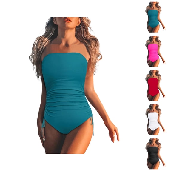 One Piece Swimsuit Women Tummy Control Ruched Strapless Bandeau Bathing Suits Swimwear