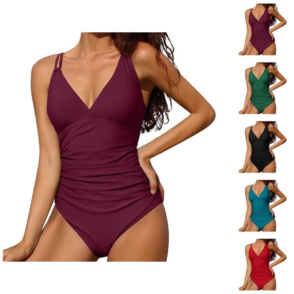 One Piece Swimsuit Women Tummy Control Ruched Strappy V Neck Monokini Bathing Suit Swimwear