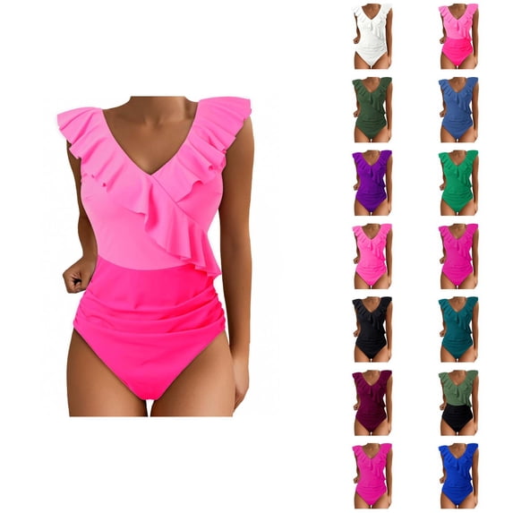 One Piece Swimsuit Women Tummy Control Ruched V Neck Ruffled Bathing Suits Swimwear
