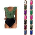thumbnail image 1 of One Piece Swimsuit Women Tummy Control Ruched V Neck Ruffled Bathing Suits Swimwear, 1 of 6