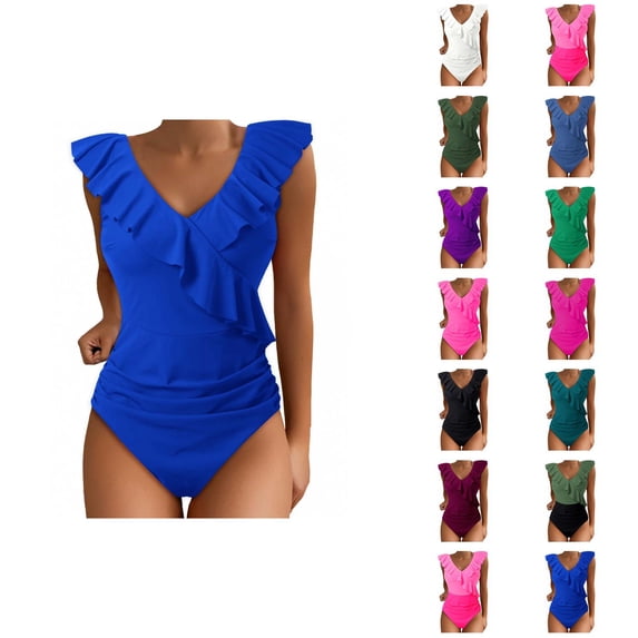 One Piece Swimsuit Women Tummy Control Ruched V Neck Ruffled Bathing Suits Swimwear