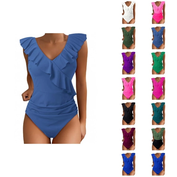 One Piece Swimsuit Women Tummy Control Ruched V Neck Ruffled Bathing Suits Swimwear