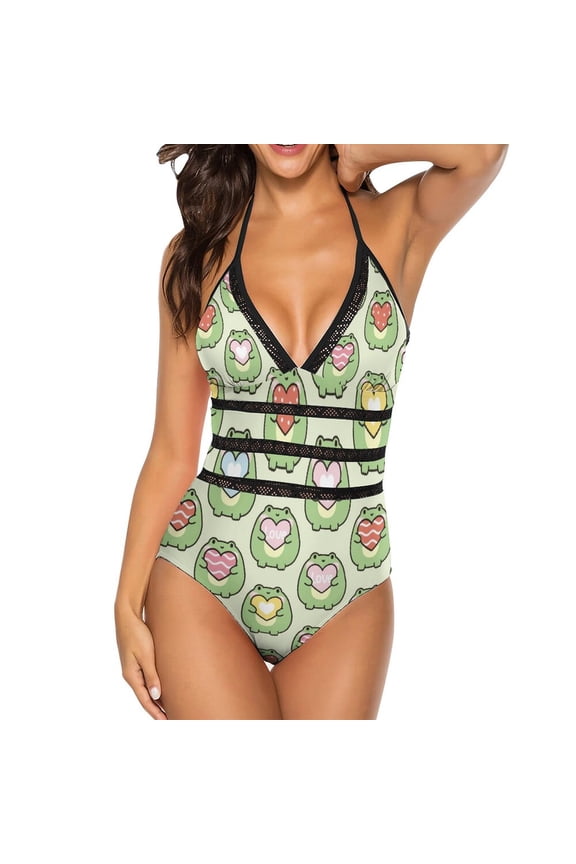 One Piece Swimsuit Women Tummy Control - V Neck Cute Chubby Frog Halter Swim Suits for Women 2025, Padded Full Coverage Bathing Swim Suit for Women