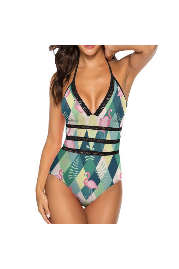 One Piece Swimsuit Women Tummy Control - V Neck Flamingo(C) Halter Swim Suits for Women 2025, Padded Full Coverage Bathing Swim Suit for Women