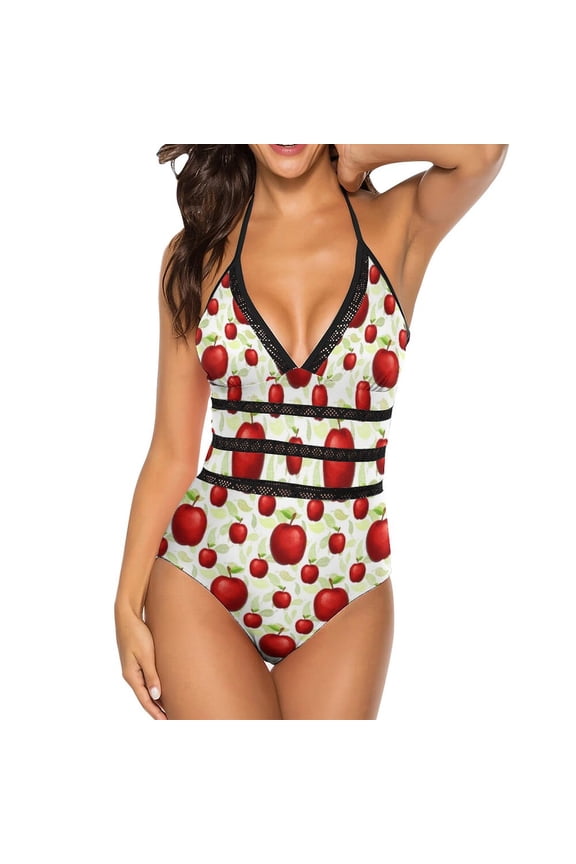 One Piece Swimsuit Women Tummy Control - V Neck Fruit Apples Halter Swim Suits for Women 2025, Padded Full Coverage Bathing Swim Suit for Women