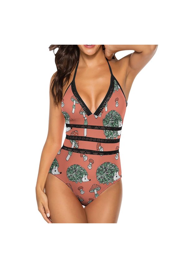 One Piece Swimsuit Women Tummy Control - V Neck Hedgehog Mushroom Halter Swim Suits for Women 2025, Padded Full Coverage Bathing Swim Suit for Women