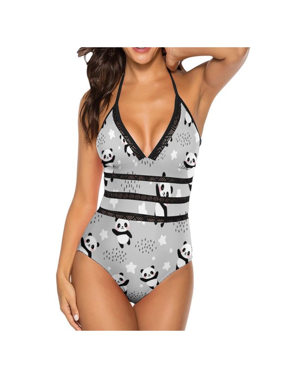 One Piece Swimsuit Women Tummy Control - V Neck Pandas Between Clouds And Stars Halter Swim Suits for Women 2025, Padded Full Coverage Bathing Swim Suit for Women