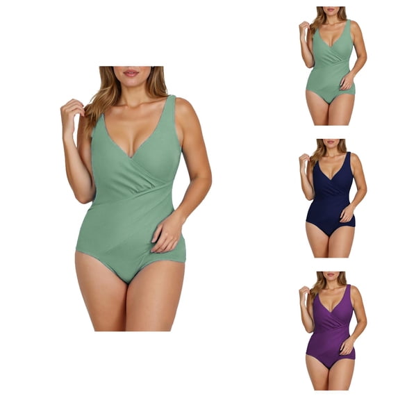 One Piece Swimsuit Women Tummy Control V Neck Ruched Backless Bathing Suits Swimwear