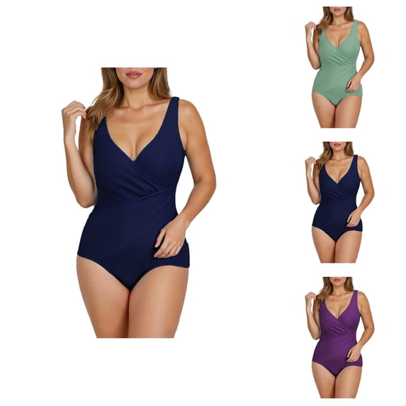 One Piece Swimsuit Women Tummy Control V Neck Ruched Backless Bathing Suits Swimwear