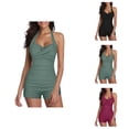 thumbnail image 1 of One Piece Swimsuit Women Twist Front Halter Tummy Control Ruched Boyleg Bathing Suit Swimwear, 1 of 8