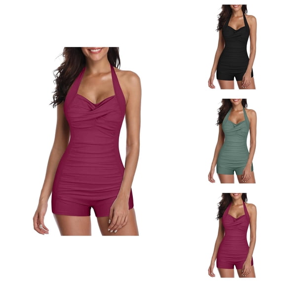 One Piece Swimsuit Women Twist Front Halter Tummy Control Ruched Boyleg Bathing Suit Swimwear