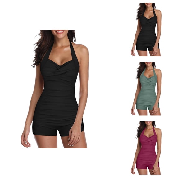 One Piece Swimsuit Women Twist Front Halter Tummy Control Ruched Boyleg Bathing Suit Swimwear