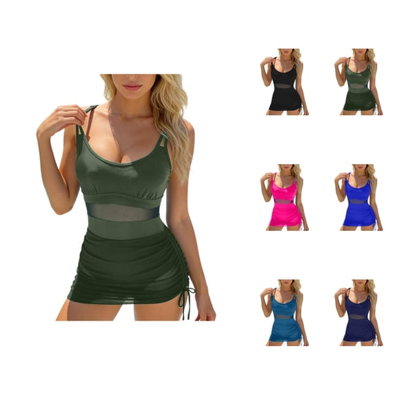 One Piece Swimsuit Women Twist Front Scoop Neck Tummy Control Ruched Bathing Suits Mesh Swim Dress Modest Swimwear