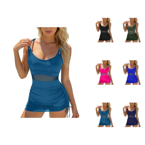 One Piece Swimsuit Women Twist Front Scoop Neck Tummy Control Ruched Bathing Suits Mesh Swim Dress Modest Swimwear