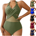 thumbnail image 1 of One Piece Swimsuit Women V Neck Cutout Mesh Criss Cross Bathing Suit High Waisted Tummy Control for Summer Beach Popular Swimsuit, 1 of 8