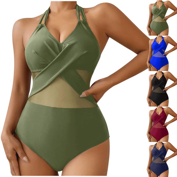 One Piece Swimsuit Women V Neck Cutout Mesh Criss Cross Bathing Suit High Waisted Tummy Control for Summer Beach Popular Swimsuit