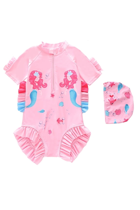 One Piece Swimsuit for Girls Ruffle Hem Short Sleeve Cartoon Print Zipper Athletic Swimwear Bathing Suit