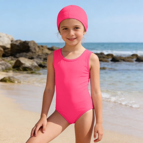 One Piece Swimsuit for Girls Sleeveless Solid Color Swimsuit Sets With Cap Summer Beach Pool Tropical Swimwear