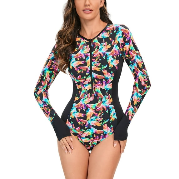 One Piece Swimsuit for Women 2024 Long Sleeve Rash Guard Summer Tropical Print Zipper Bathing Suit Shorts Rompers Swimwear Athletic Surfing Swimsuits