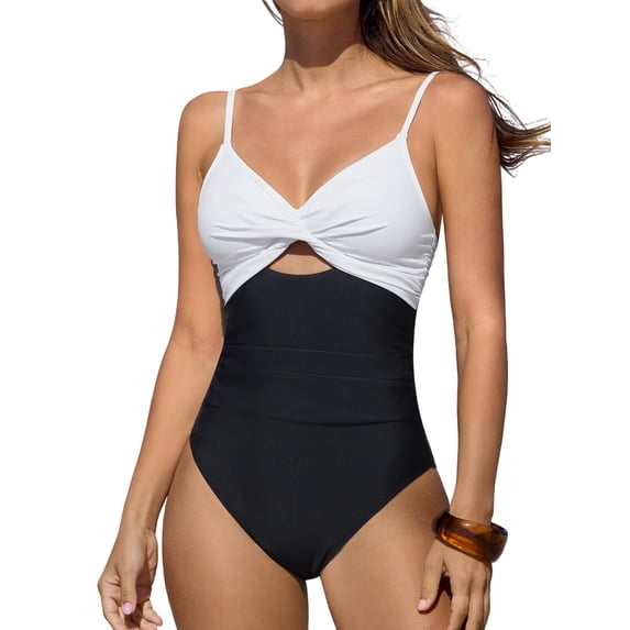 One Piece Swimsuit for Women Bathing Suits Twist Front Cutout Adjustable Straps Ruched Swimwear L, Dark Purple