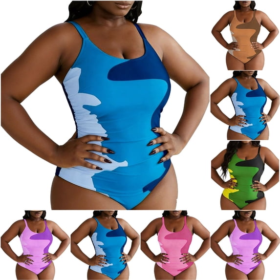 One Piece Swimsuit for Women Body Shaper Bathing Suit Color Block Plus Size Swimwear Purple
