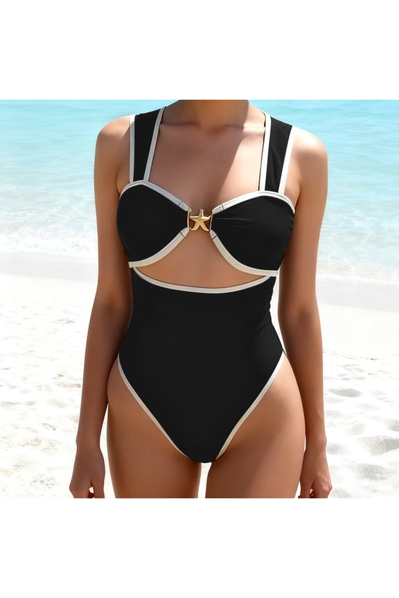 One Piece Swimsuit for Women Color Block Cut Out Monokini with Starfish Detail High Cut Flattering Bathing Suit Beachwear