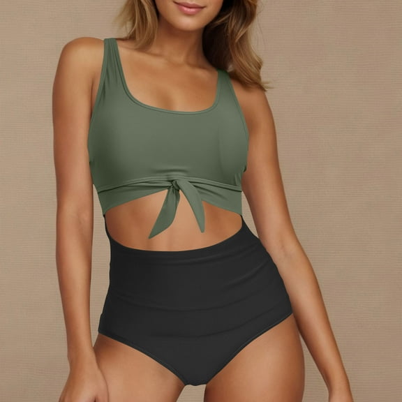 One Piece Swimsuit for Women Cutout High Waisted Wrap Tie Back Swimsuits Bikini With Neck Dew Belly V-neck Sleeveless Swimwear
