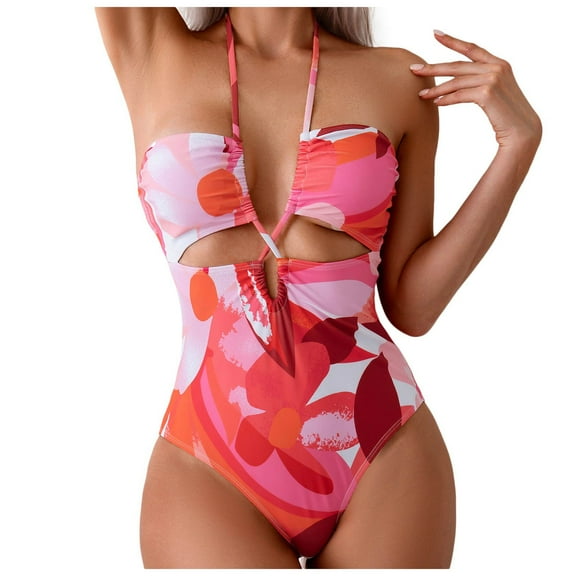 One Piece Swimsuit for Women Front cross Linked Sexy Bathing Suit Cutout Swim Suit (Pink, M)