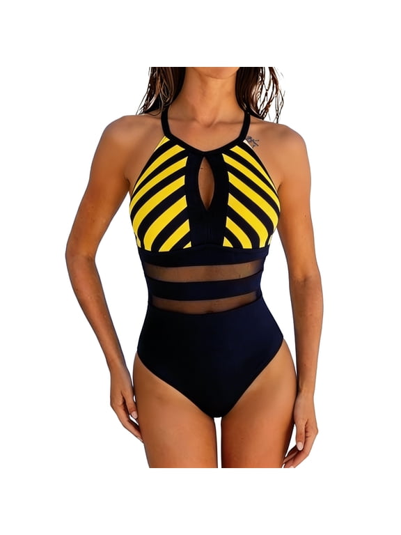 One Piece Swimsuit for Women Halter Keyhole Mesh Panel Striped Monokini for Beach Vacation