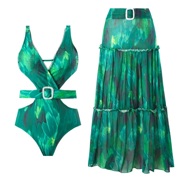 One Piece Swimsuit for Women Hot Springs One Shoulder Swimsuit Beach Skirt Set Green