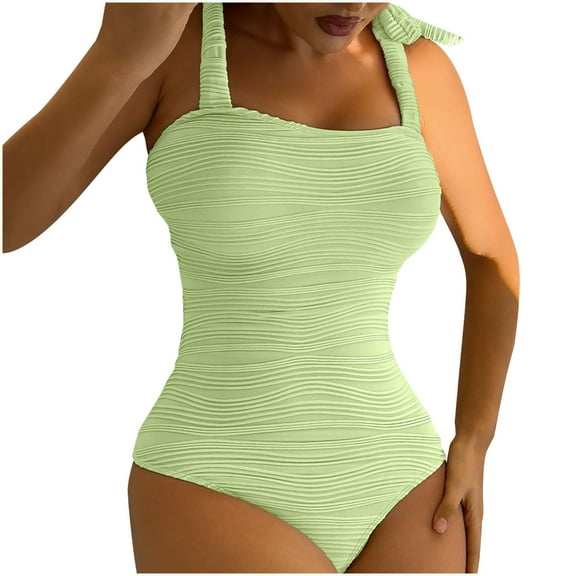 One Piece Swimsuit for Women Low Back Adjustable Straps Tie Back Solid ColorBathing Suit Spa Beach Swimwear (XL, Green)