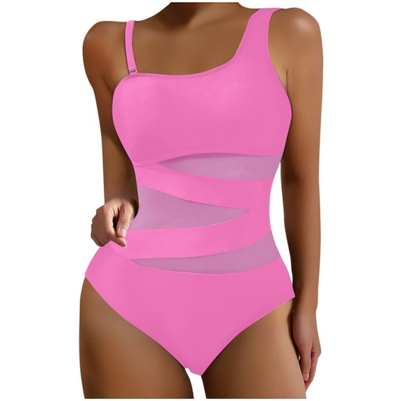 One Piece Swimsuit for Women One Shoulder Spaghetti Strap Bathing Suits Mesh Tummy Control Full Coverage Swimwear