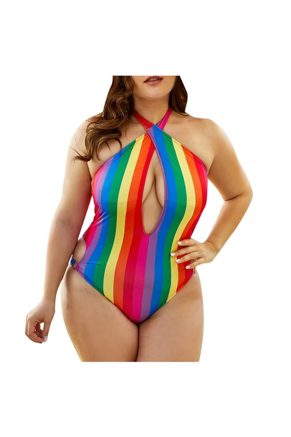 One Piece Swimsuit for Women Plus Size One-Piece Rainbow Stripe Print Halter Beachwear Swimwer
