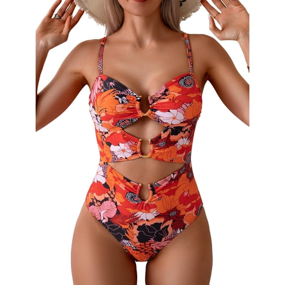 One Piece Swimsuit for Women Ring Linked Monokini Sexy Bathing Suit Cutout Swim Suit