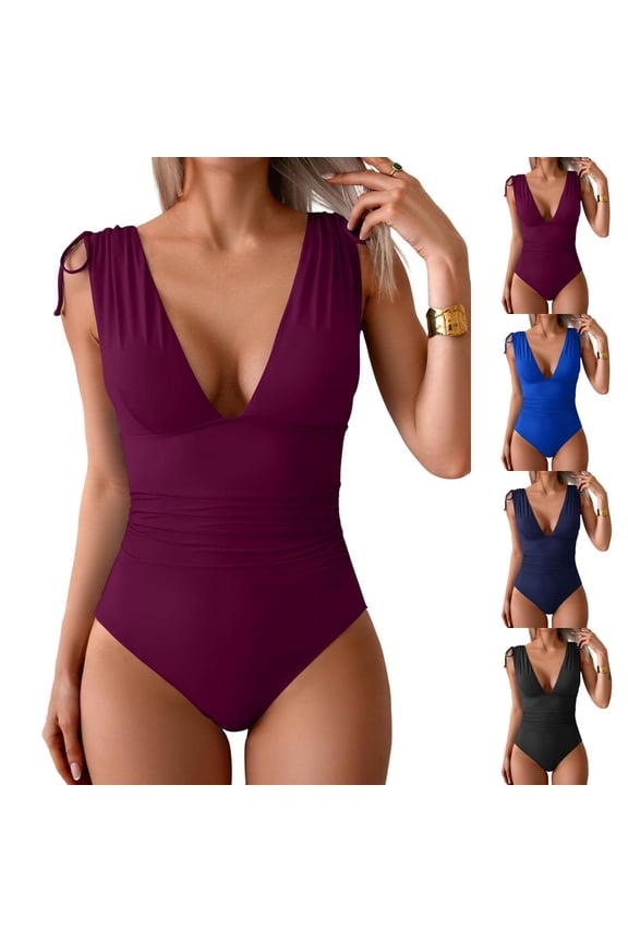One Piece Swimsuit for Women Tummy Control Ruched Bathing Suit High Cut Swimwear V Neck Swim Suit Black S