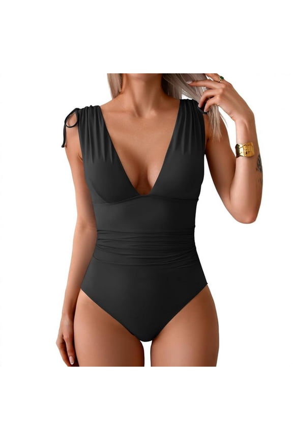 One Piece Swimsuit for Women Tummy Control Ruched Bathing Suit High Cut Swimwear V Neck Swim Suit (Black,S)