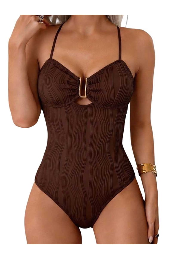 One-Piece Swimsuit for Women Tummy Control Ruched Suit Cutout U Wire Swim Suits Brown S