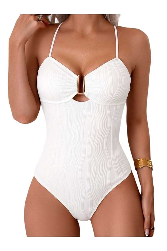 One-Piece Swimsuit for Women Tummy Control Ruched Suit Cutout U Wire Swim Suits White L