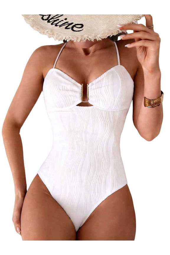One-Piece Swimsuit for Women Tummy Control Ruched Suit Cutout U Wire Swim Suits White M