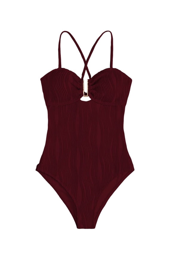 One-Piece Swimsuit for Women Tummy Control Ruched Suit Cutout U Wire Swim Suits Wine Red M