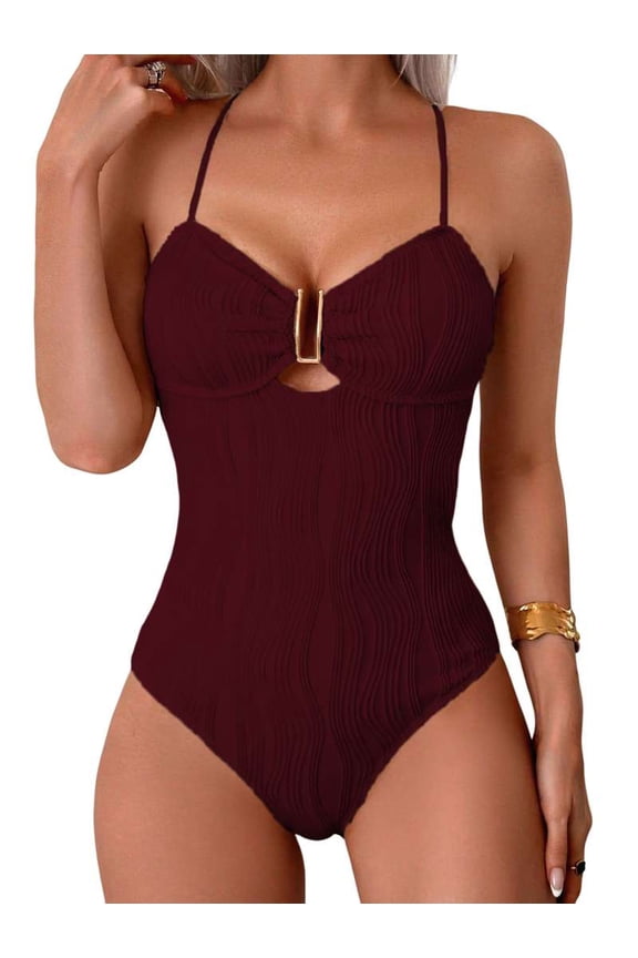 One-Piece Swimsuit for Women Tummy Control Ruched Suit Cutout U Wire Swim Suits Wine Red XL
