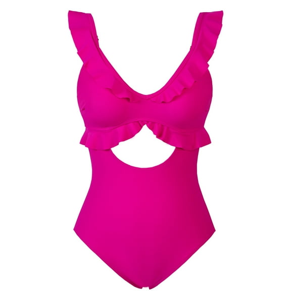 Swimsuit for Women Tummy Control Ruffle Bathing Suit V Neck Ruched Slimming Cutout Swimwear Rose Red M