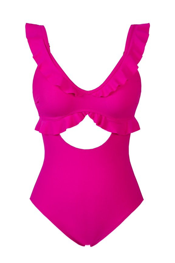 Swimsuit for Women Tummy Control Ruffle Bathing Suit V Neck Ruched Slimming Cutout Swimwear Rose Red S