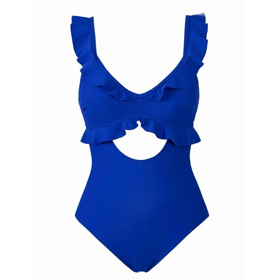 Swimsuit for Women Tummy Control Ruffle Bathing Suit V Neck Ruched Slimming Cutout Swimwear Royal Blue L