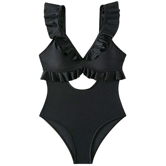 Swimsuit for Women Tummy Control Ruffle Bathing Suit V Neck Ruched Swim Suit Slimming Cutout Swimwear Black L