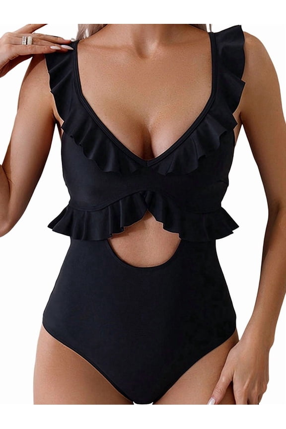 One Piece Swimsuit for Women Tummy Control Ruffle Bathing Suit V Neck Ruched Swim Suit Slimming Cutout Swimwear Black S
