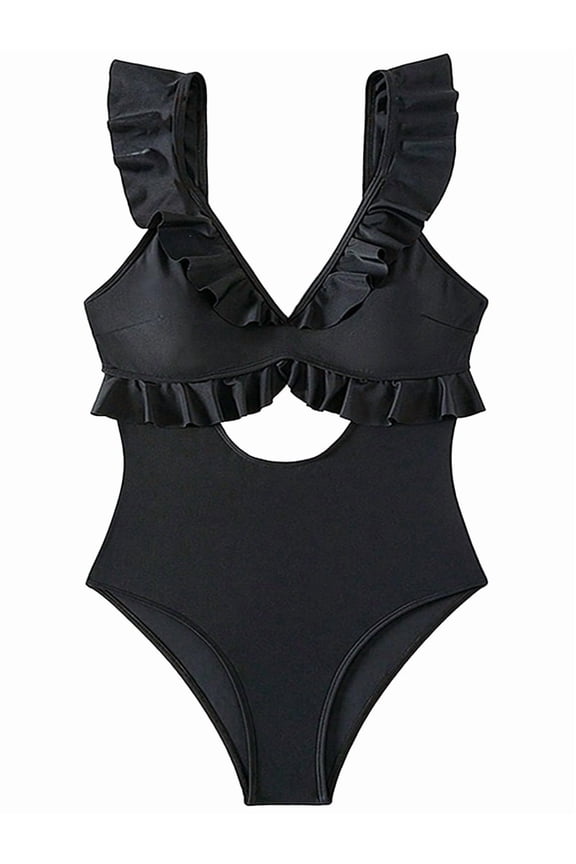 One Piece Swimsuit for Women Tummy Control Ruffle Bathing Suit V Neck Ruched Swim Suit Slimming Cutout Swimwear Black S